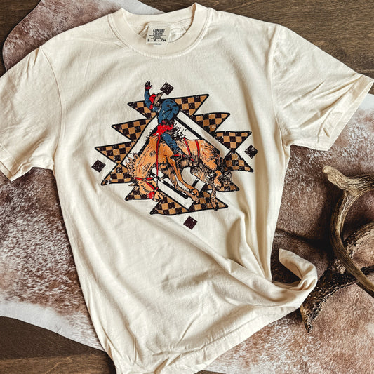 FestiviTees Women - Apparel - Shirts - T-Shirts Checker Turquoise Rodeo Rider Graphic Tee