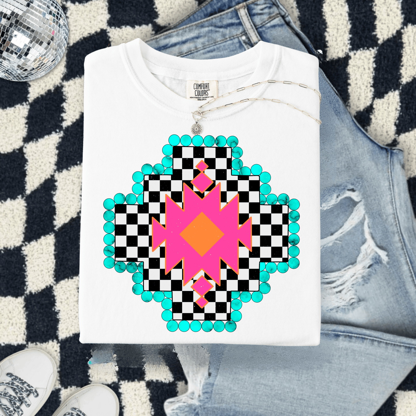 FestiviTees Women - Apparel - Shirts - T-Shirts Checkered Aztec Graphic Tee