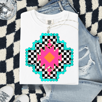 FestiviTees Women - Apparel - Shirts - T-Shirts Checkered Aztec Graphic Tee
