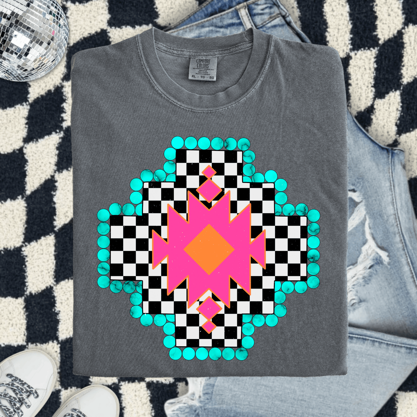 FestiviTees Women - Apparel - Shirts - T-Shirts Checkered Aztec Graphic Tee