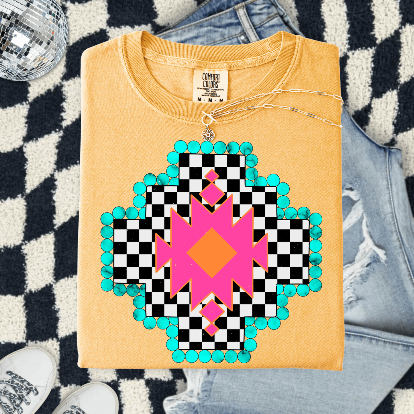 FestiviTees Women - Apparel - Shirts - T-Shirts Checkered Aztec Graphic Tee