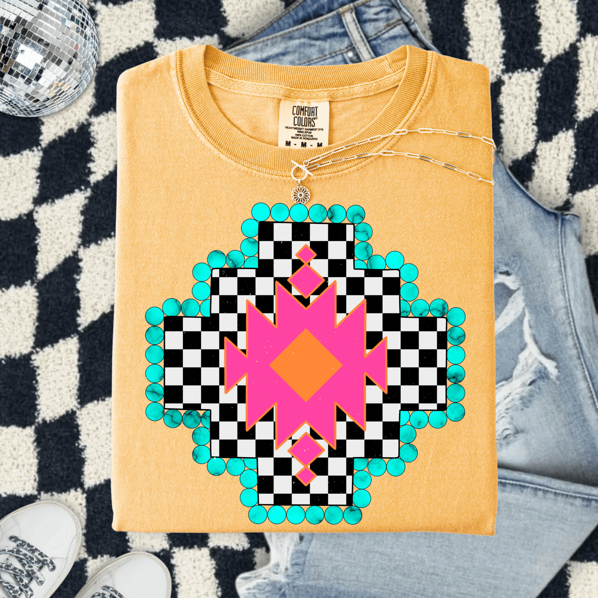FestiviTees Women - Apparel - Shirts - T-Shirts Checkered Aztec Graphic Tee