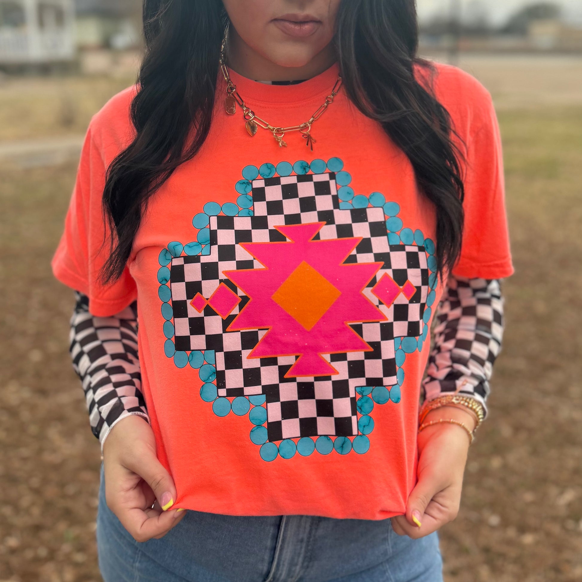 FestiviTees Women - Apparel - Shirts - T-Shirts Checkered Aztec Graphic Tee