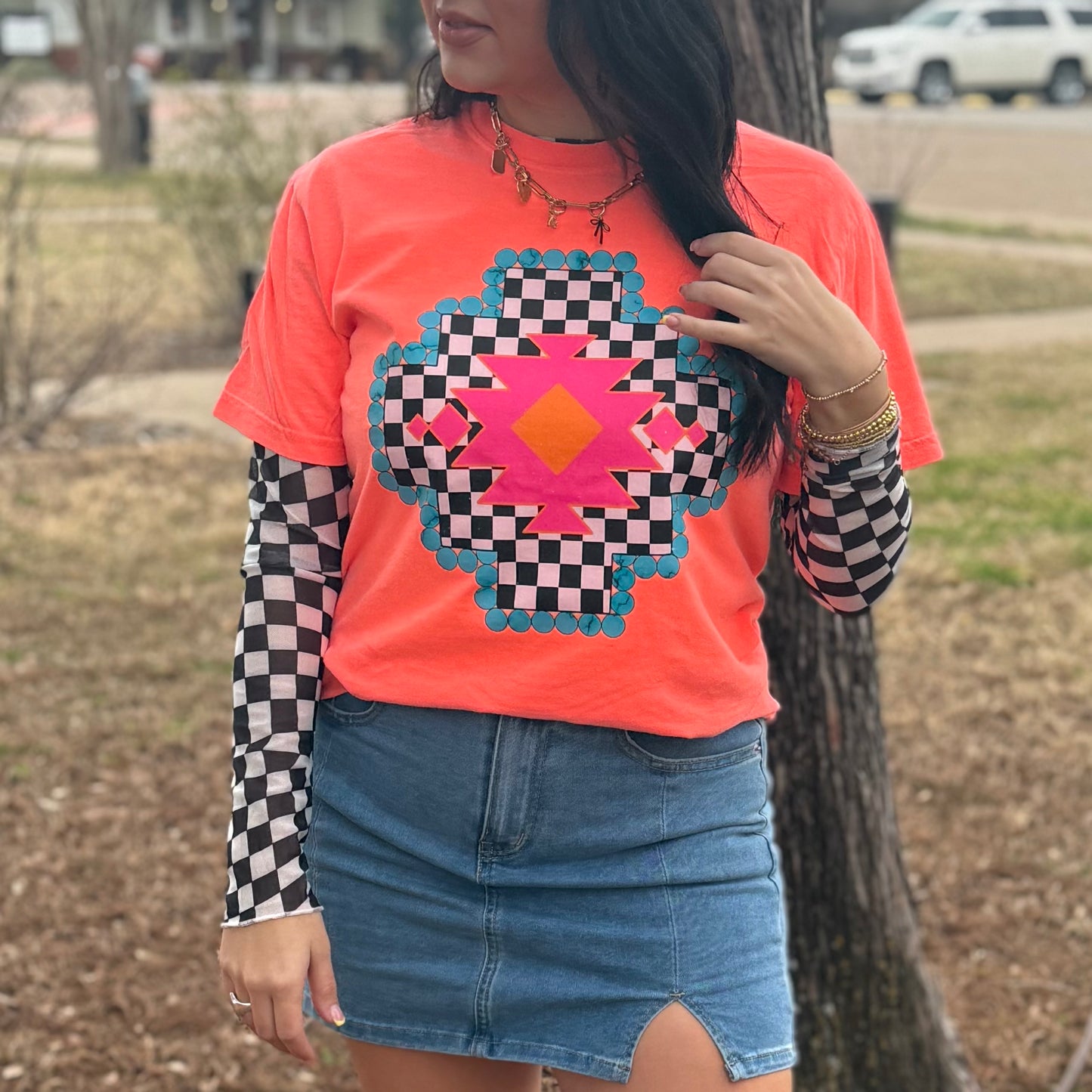 FestiviTees Women - Apparel - Shirts - T-Shirts Checkered Aztec Graphic Tee