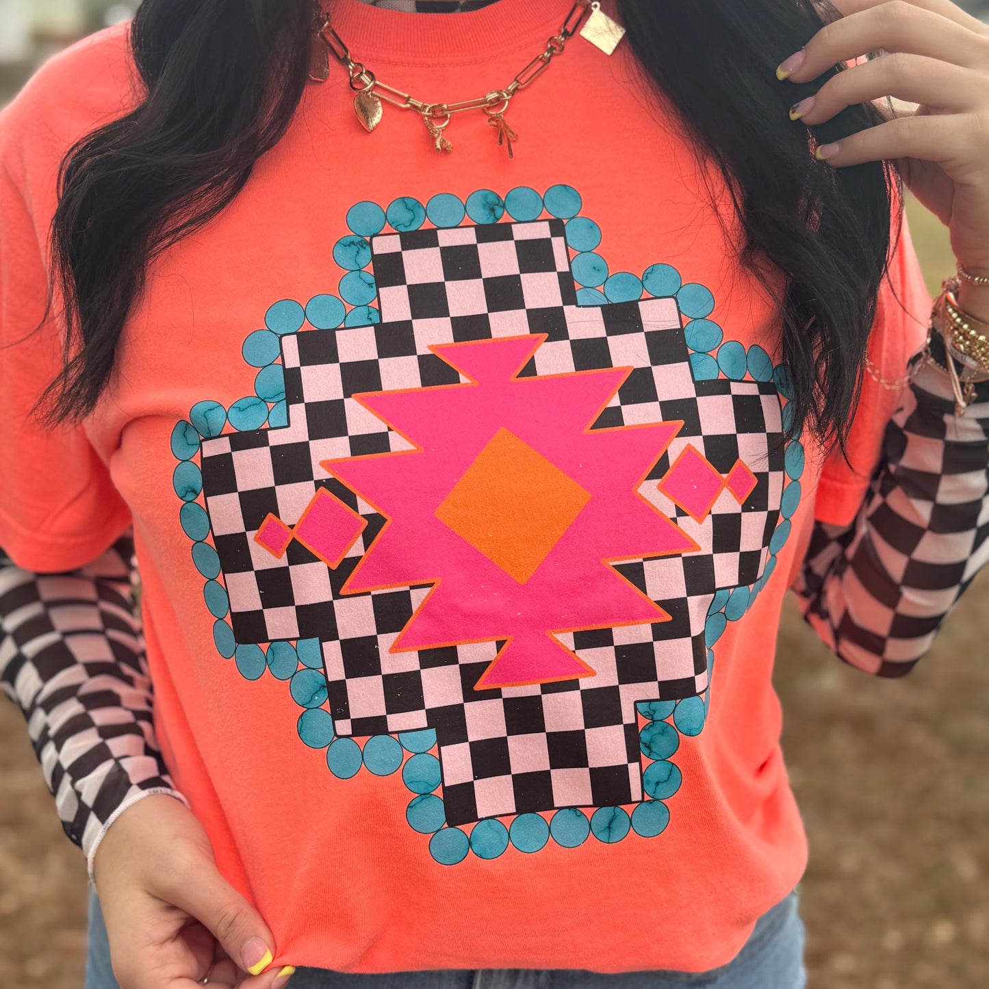 FestiviTees Women - Apparel - Shirts - T-Shirts Checkered Aztec Graphic Tee