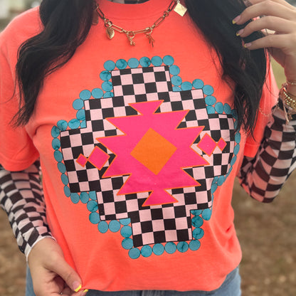 FestiviTees Women - Apparel - Shirts - T-Shirts Checkered Aztec Graphic Tee