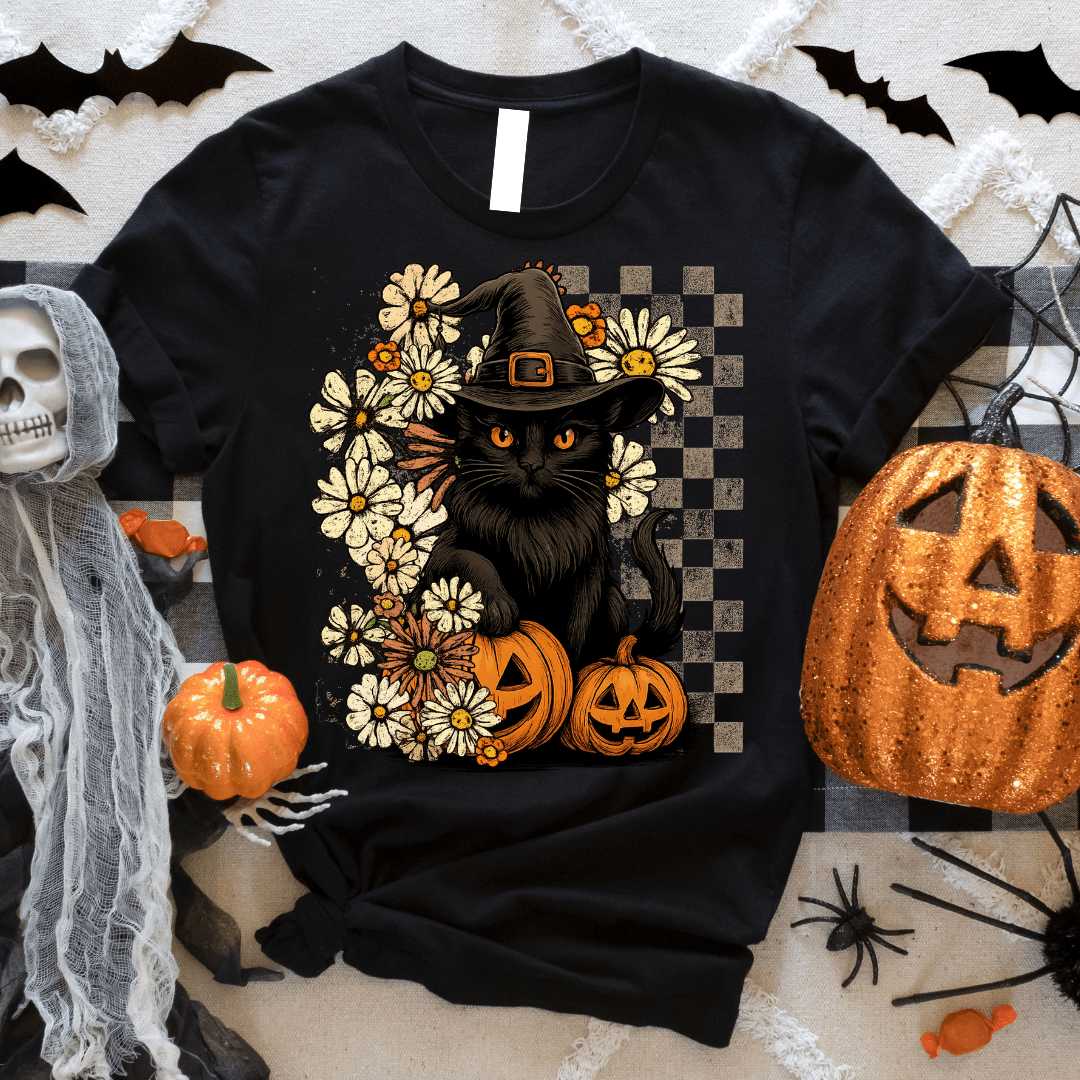 FestiviTees Women - Apparel - Shirts - T-Shirts Checkered Black Cat Graphic Tee