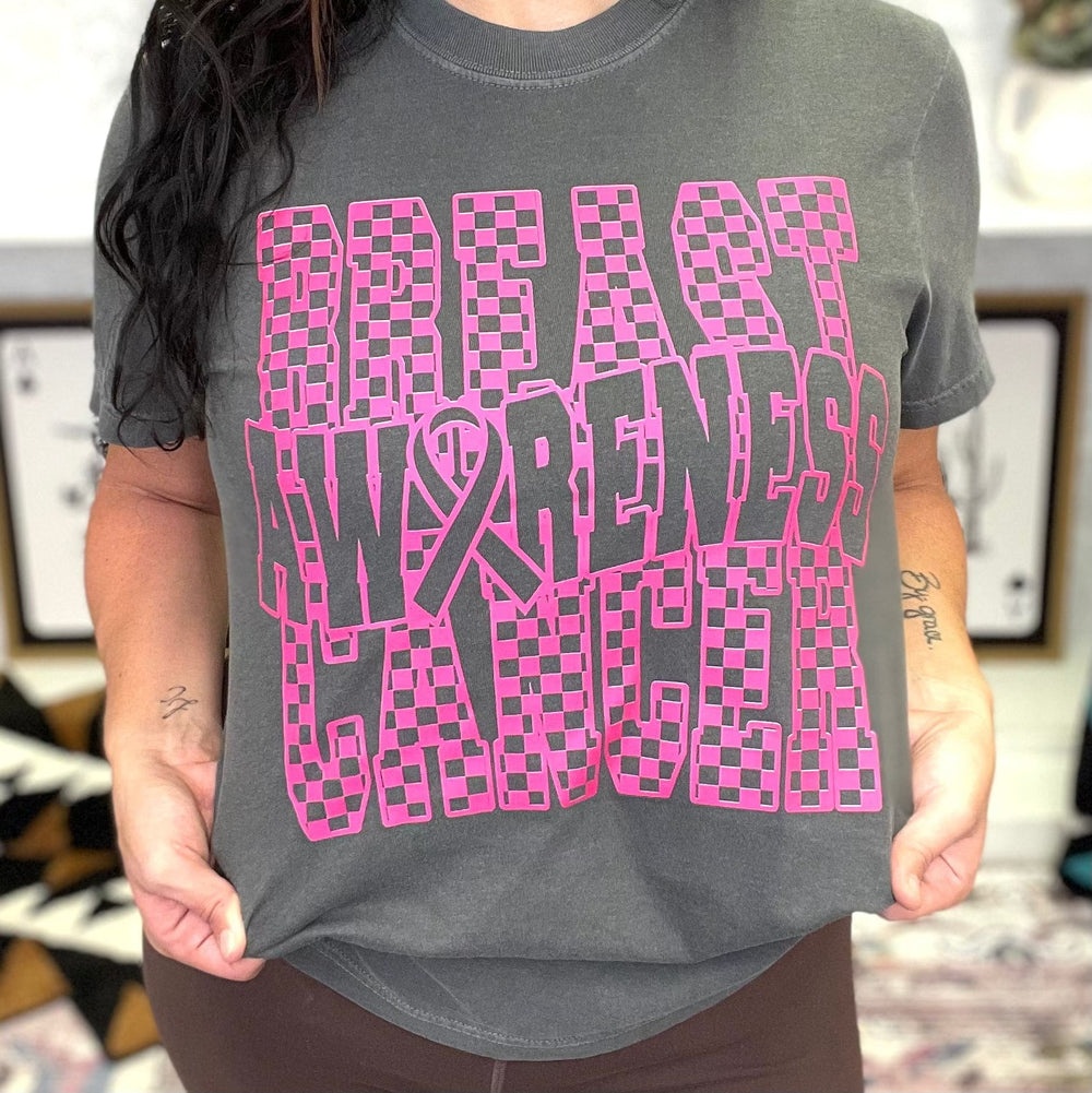 FestiviTees Women - Apparel - Shirts - T-Shirts Checkered Breast Cancer Awareness Graphic Tee