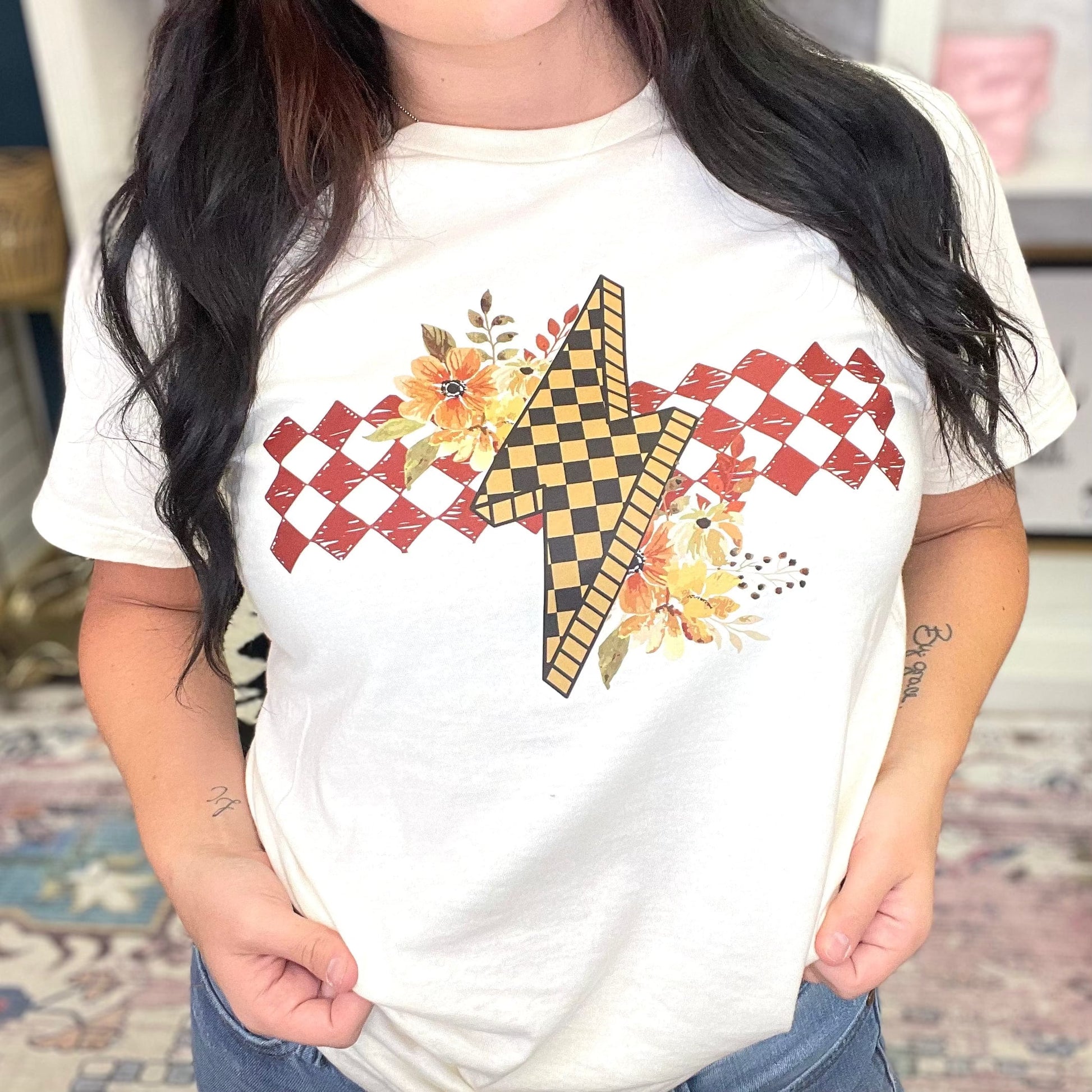 FestiviTees Women - Apparel - Shirts - T-Shirts Checkered Floral Bolt Graphic Tee