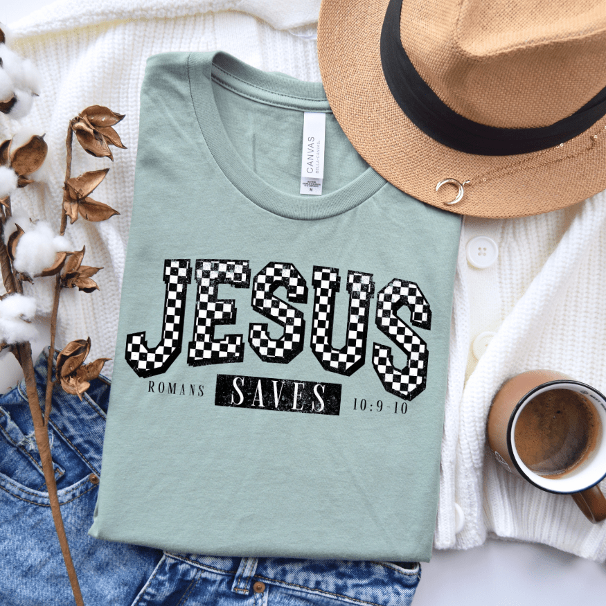 FestiviTees Women - Apparel - Shirts - T-Shirts Checkered Jesus Saves Graphic Tee
