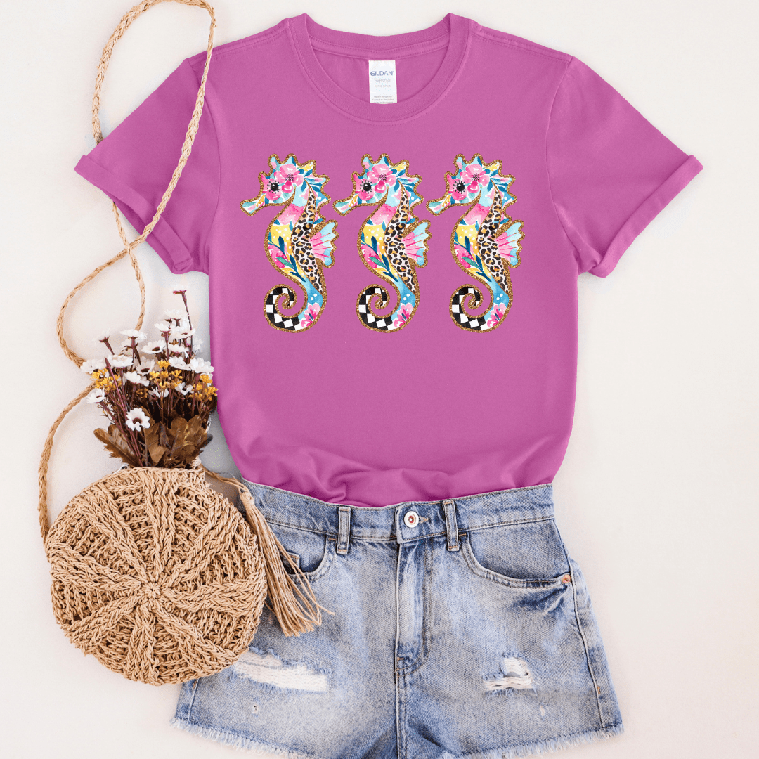 FestiviTees Women - Apparel - Shirts - T-Shirts Checkered Leopard Seahorses Graphic Tee