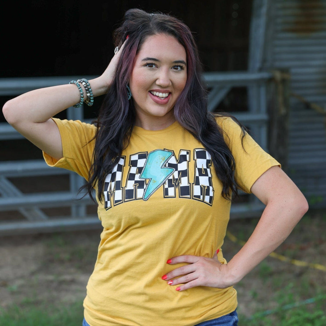 FestiviTees Women - Apparel - Shirts - T-Shirts Checkered Lightning MAMA Soft Graphic Tee