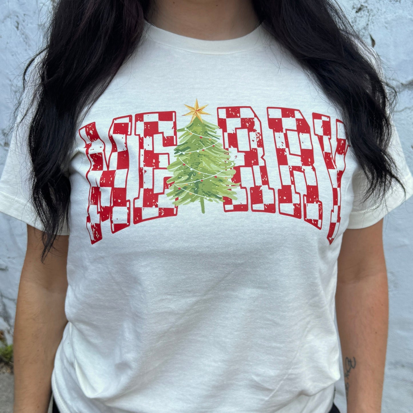FestiviTees Women - Apparel - Shirts - T-Shirts Checkered Merry Tree Graphic Tee