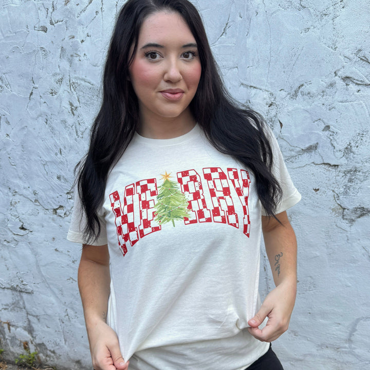 FestiviTees Women - Apparel - Shirts - T-Shirts Checkered Merry Tree Graphic Tee