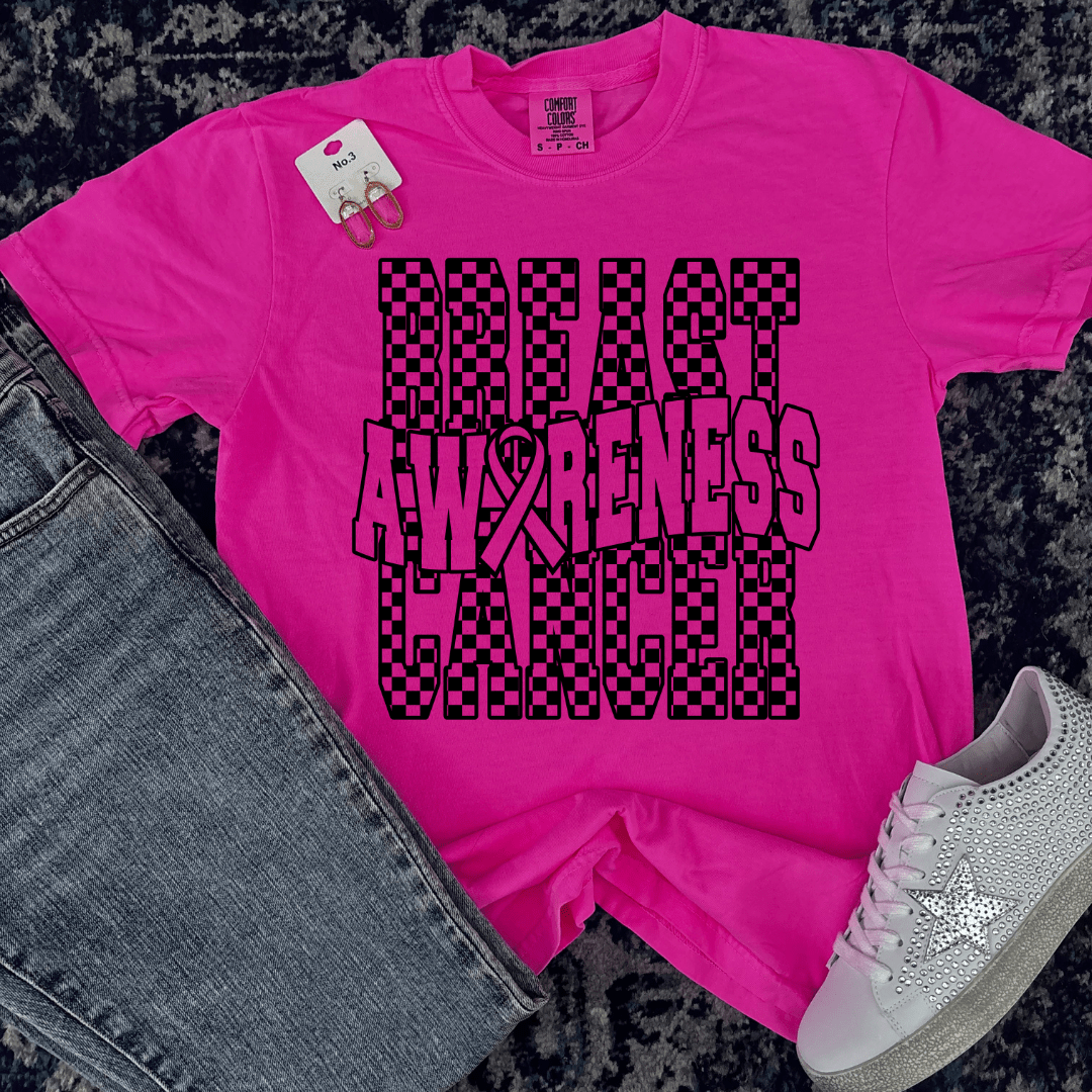 FestiviTees Women - Apparel - Shirts - T-Shirts Checkered Neon Breast Cancer  Awareness Graphic Tee