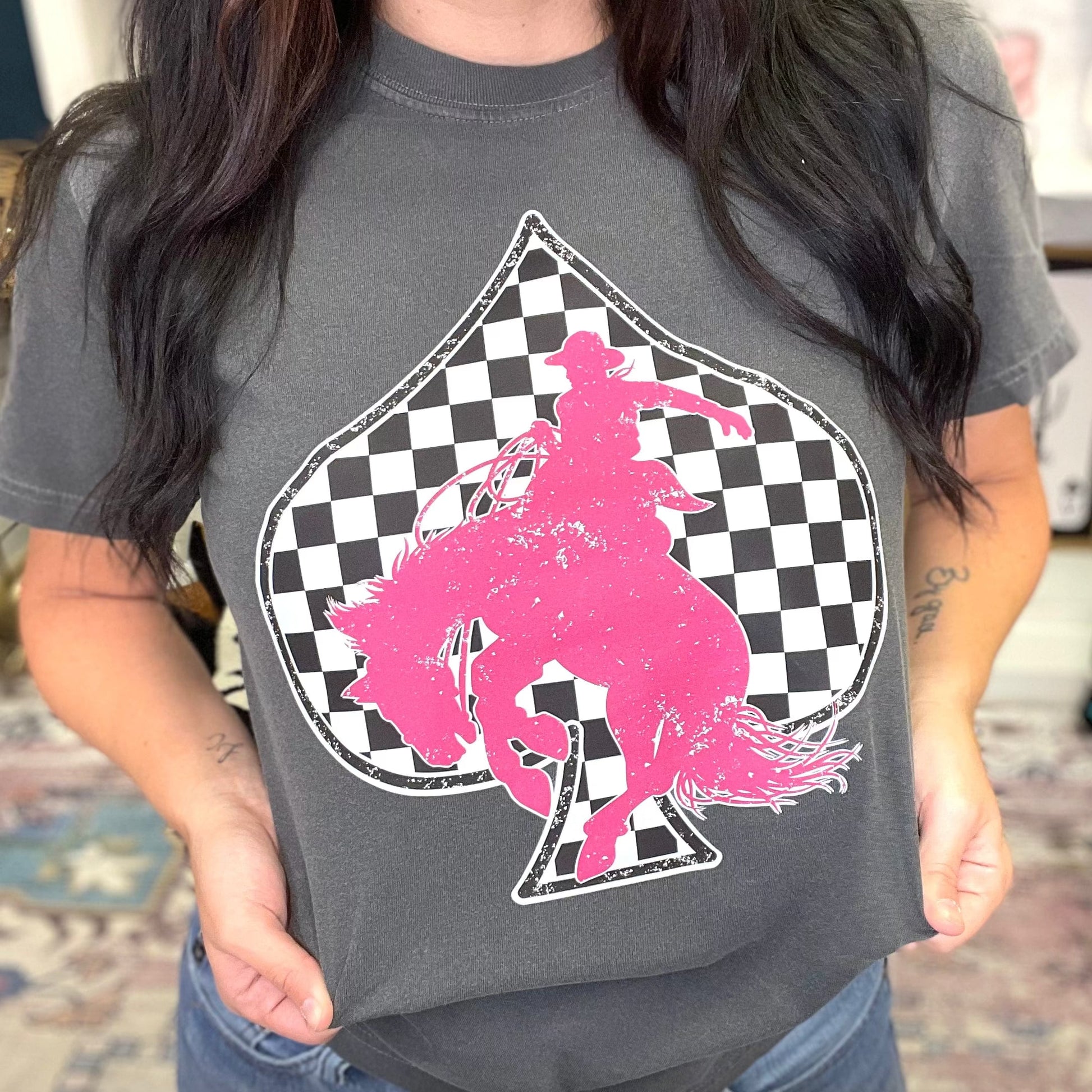 FestiviTees Women - Apparel - Shirts - T-Shirts Checkered Spade Pink Bronc Graphic Tee