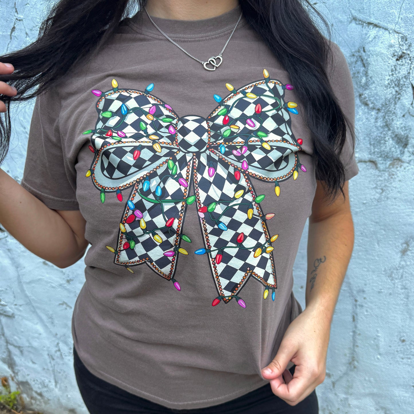 FestiviTees Women - Apparel - Shirts - T-Shirts Christmas Lights Bow  Graphic Tee