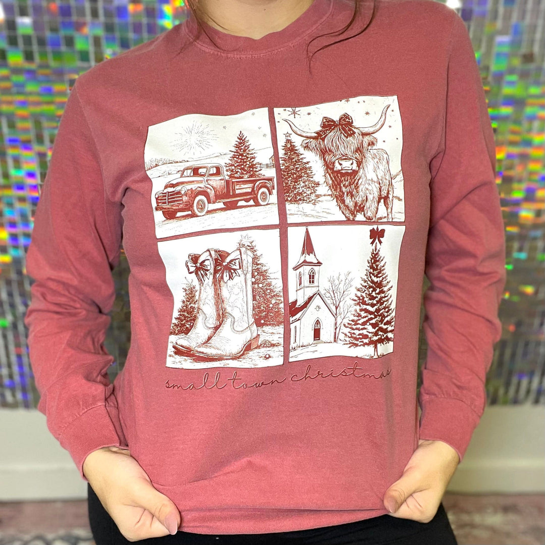 FestiviTees Women - Apparel - Shirts - T-Shirts Country LS Small Town Christmas Graphic Tee