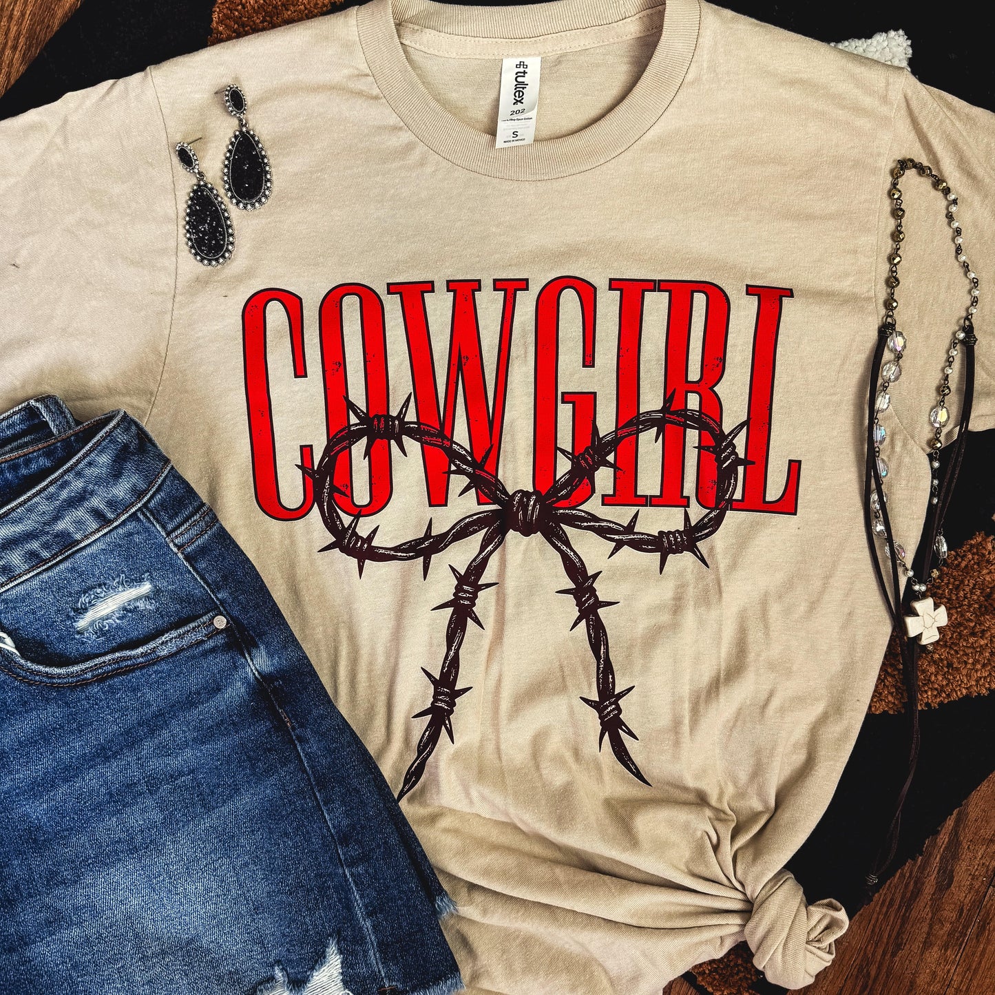 FestiviTees Women - Apparel - Shirts - T-Shirts Cowgirl Barbed Wire Bow Western Tee Soft Graphic Tee