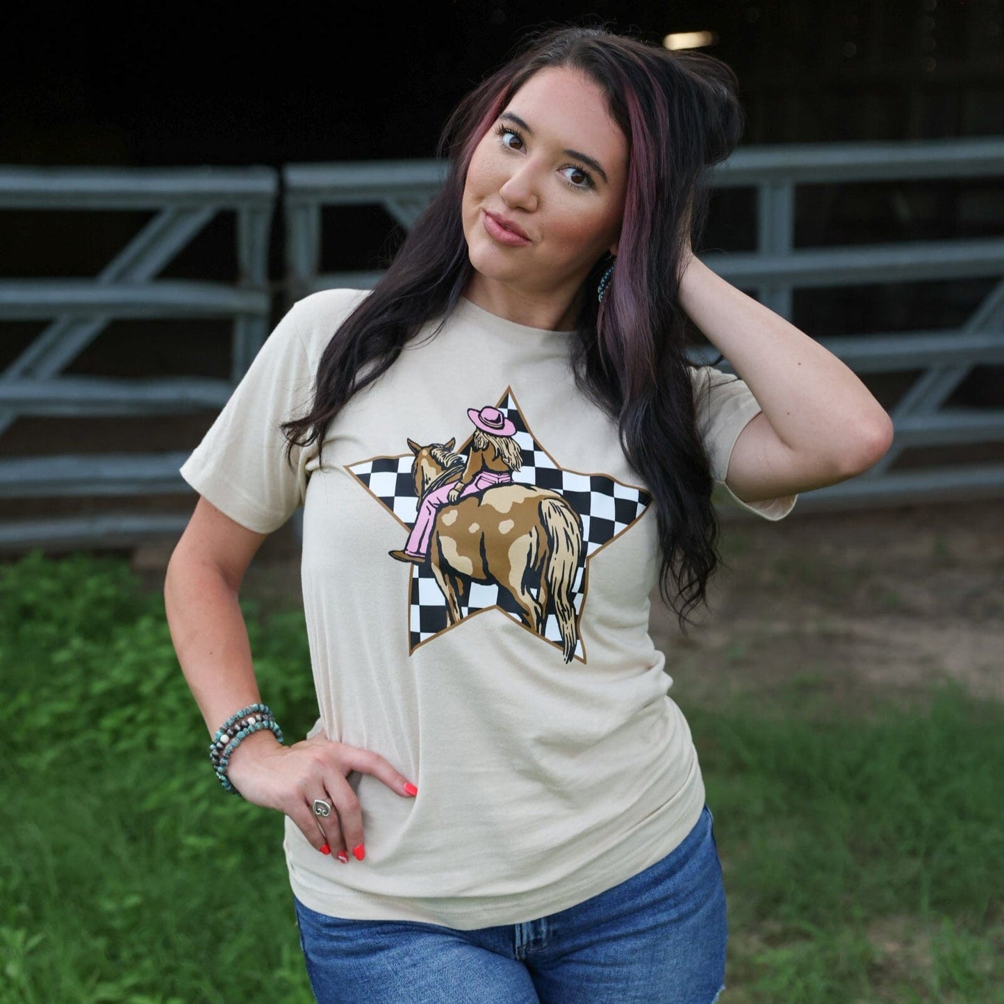FestiviTees Women - Apparel - Shirts - T-Shirts Cowgirl Checkerboard Star Soft Graphic Tee