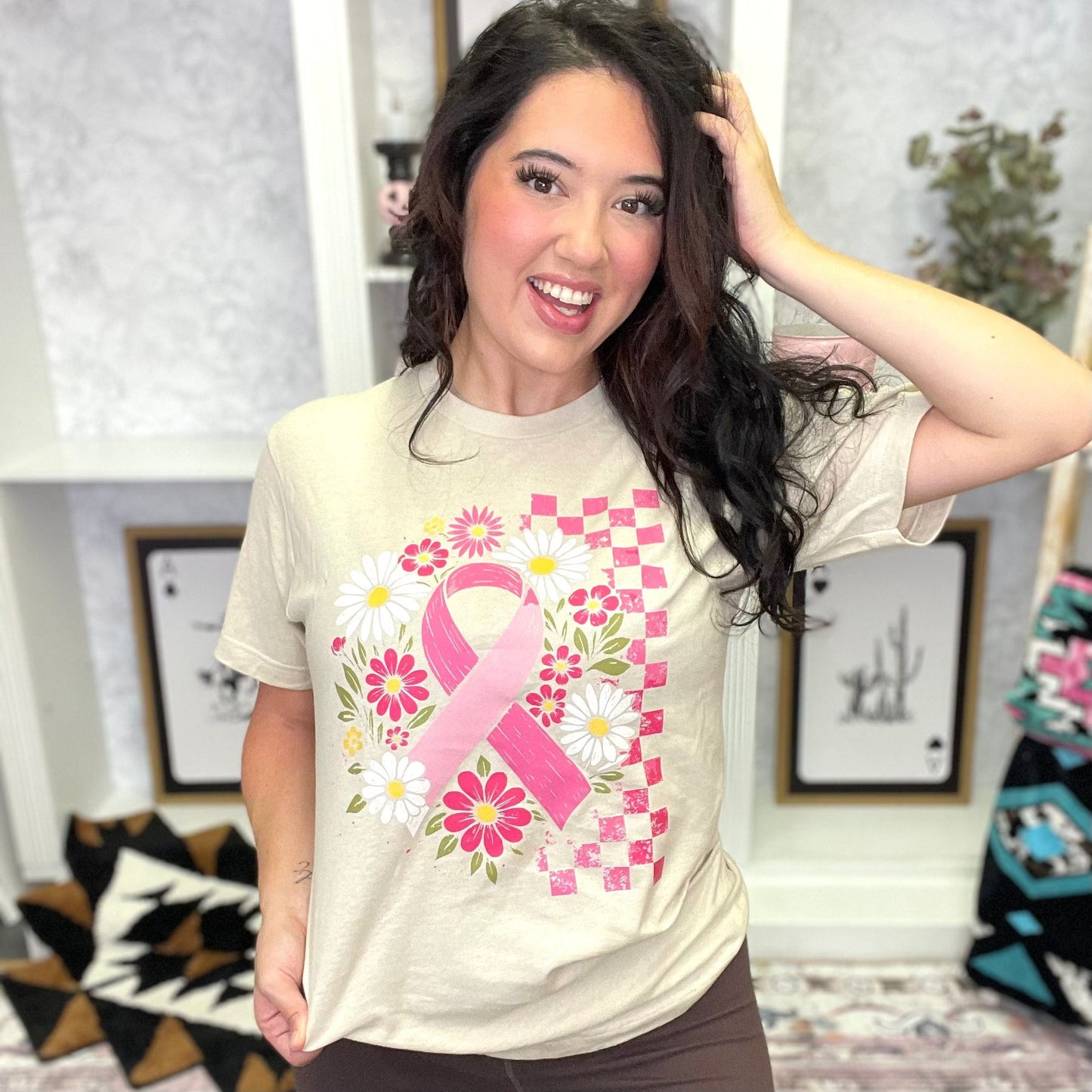FestiviTees Women - Apparel - Shirts - T-Shirts Floral Breast Cancer Ribbon Graphic Tee