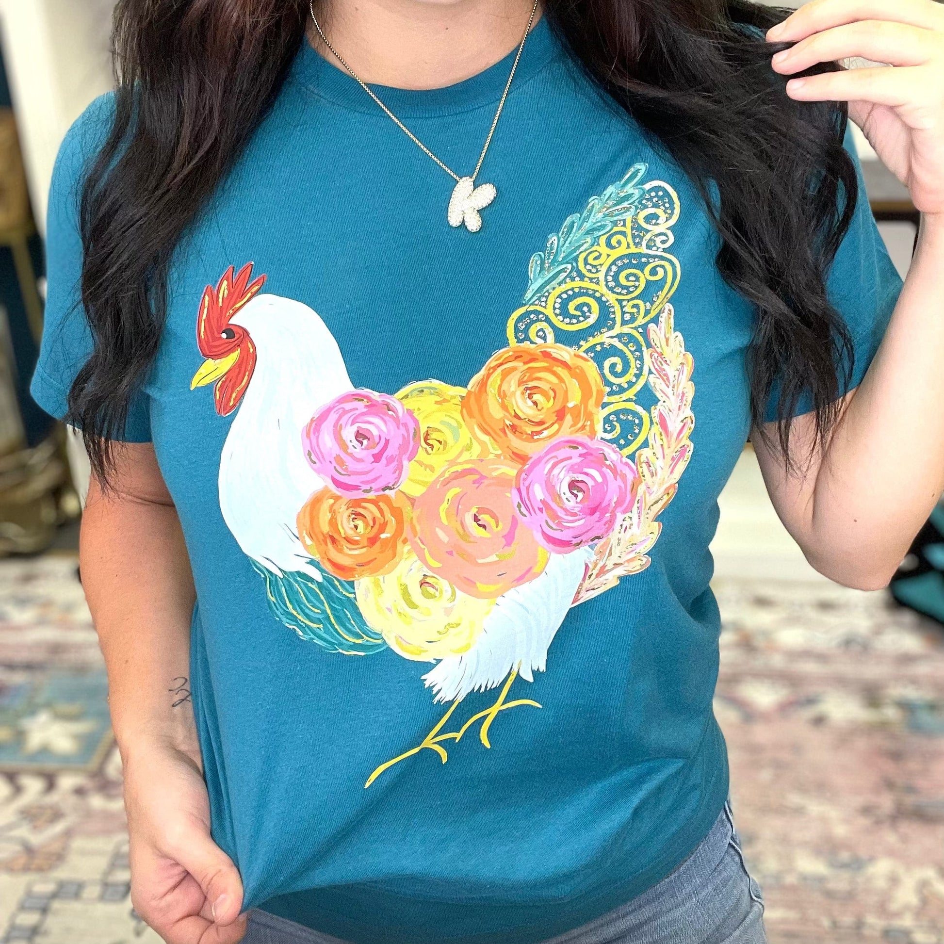 FestiviTees Women - Apparel - Shirts - T-Shirts Floral Chicken Graphic Tee