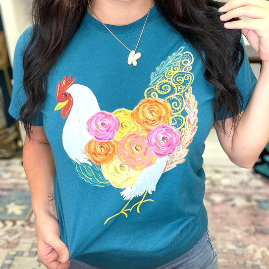 FestiviTees Women - Apparel - Shirts - T-Shirts Floral Chicken Graphic Tee