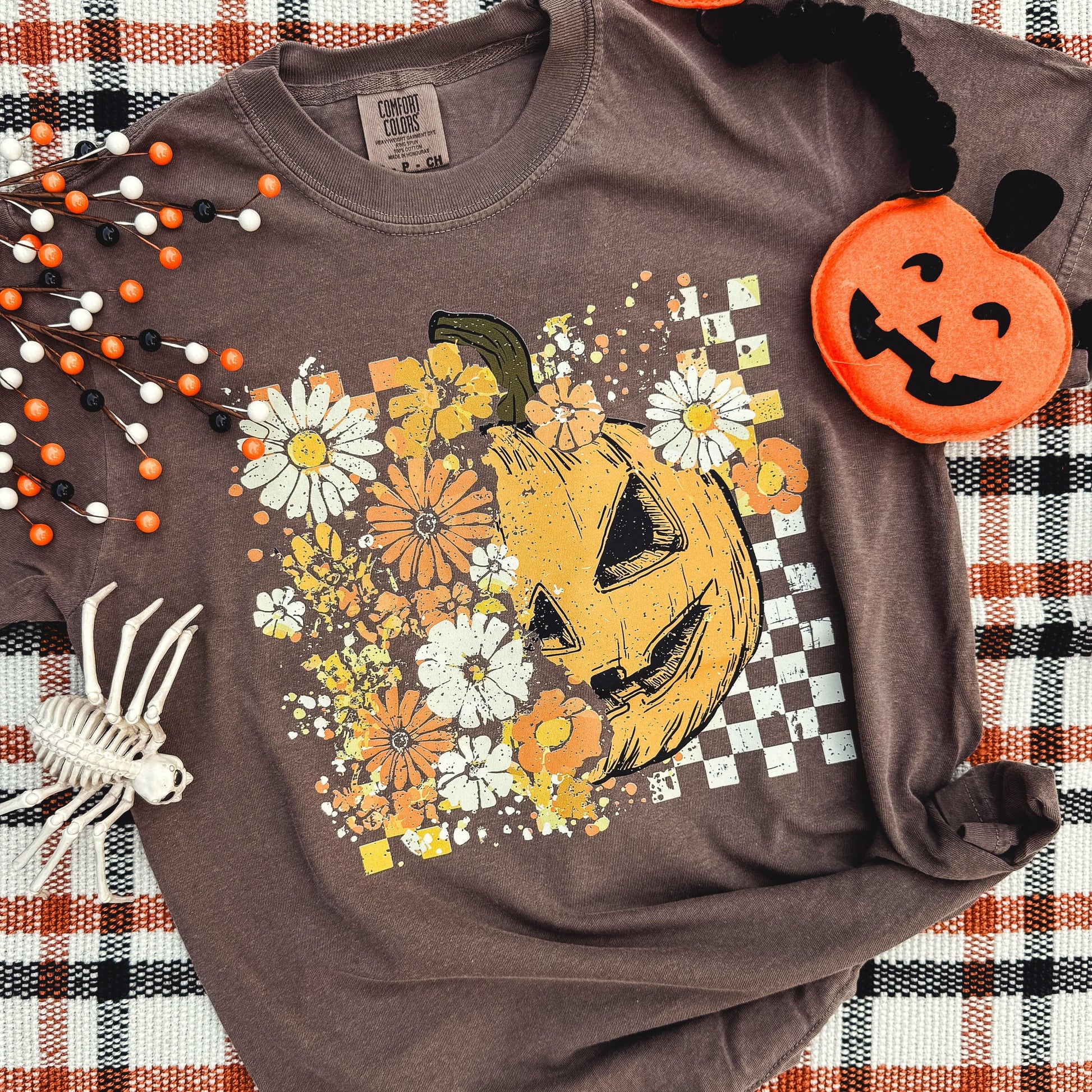 FestiviTees Women - Apparel - Shirts - T-Shirts Half Pumpkin Half Flowers Soft Graphic Tee