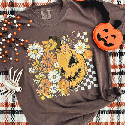 FestiviTees Women - Apparel - Shirts - T-Shirts Half Pumpkin Half Flowers Soft Graphic Tee