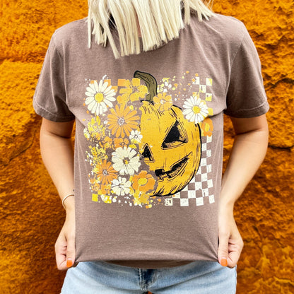 FestiviTees Women - Apparel - Shirts - T-Shirts Half Pumpkin Half Flowers Soft Graphic Tee