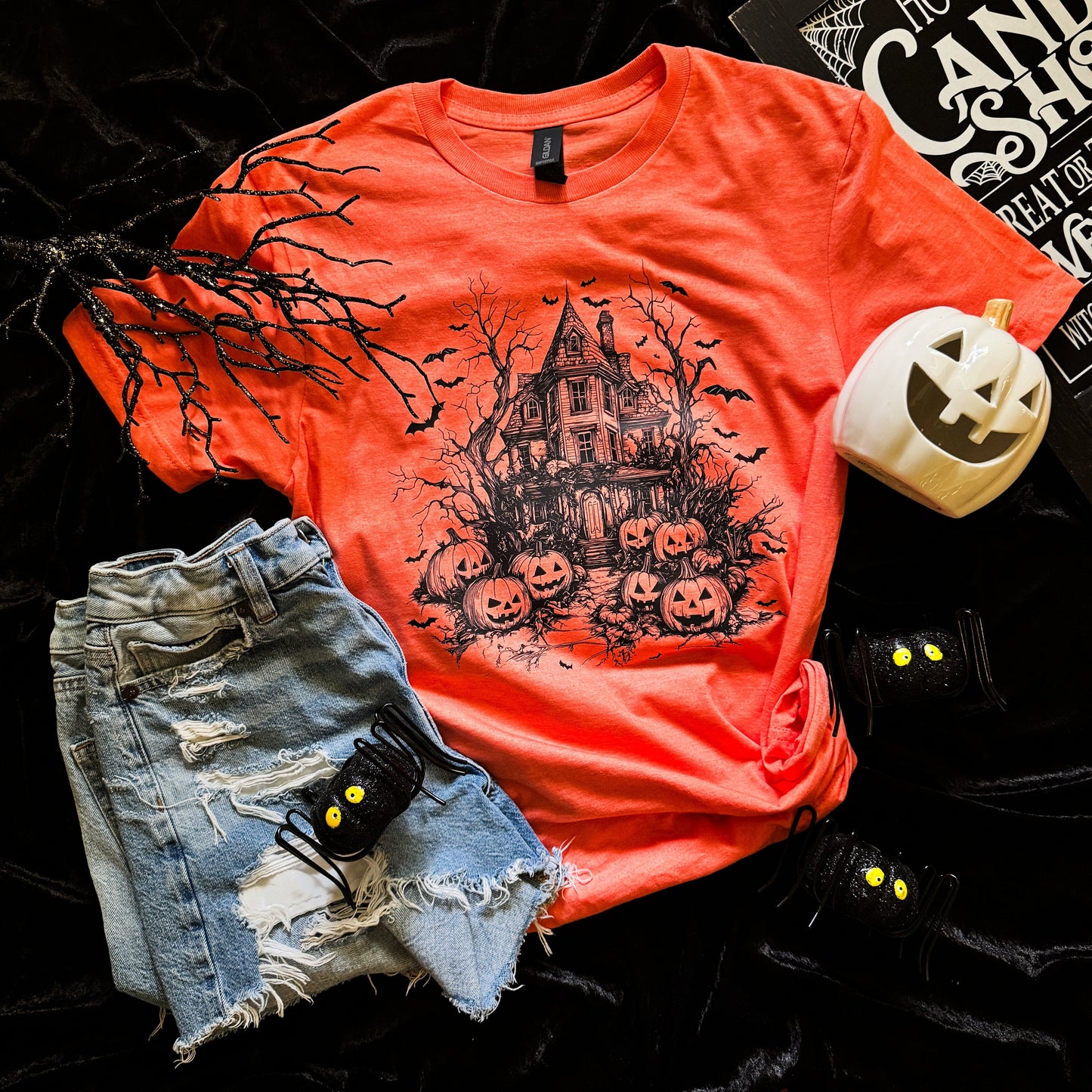 FestiviTees Women - Apparel - Shirts - T-Shirts Haunted House Bats Soft Graphic Tee