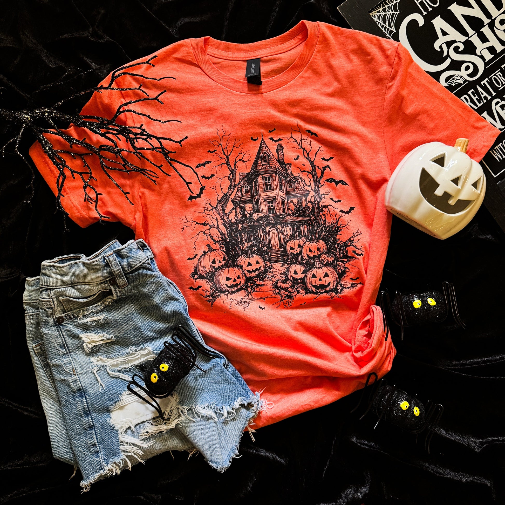 FestiviTees Women - Apparel - Shirts - T-Shirts Haunted House Bats Soft Graphic Tee