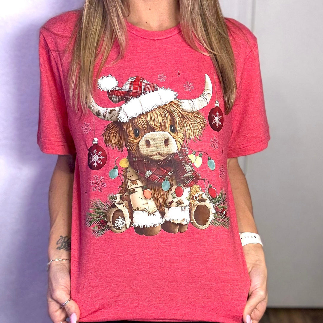 FestiviTees Women - Apparel - Shirts - T-Shirts Highland Cow Christmas Light Graphic Tee