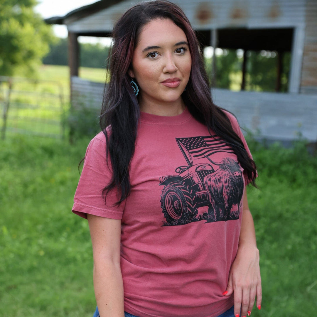 FestiviTees Women - Apparel - Shirts - T-Shirts Highland Cow Flag Tractor Soft Graphic Tee