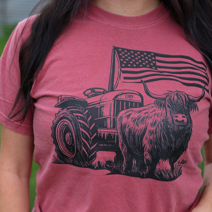 FestiviTees Women - Apparel - Shirts - T-Shirts Highland Cow Flag Tractor Soft Graphic Tee