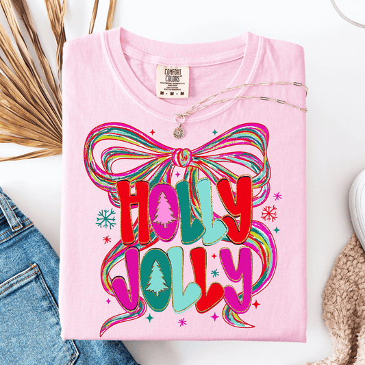 FestiviTees Women - Apparel - Shirts - T-Shirts Holly Jolly Colorful Bow Graphic Tee