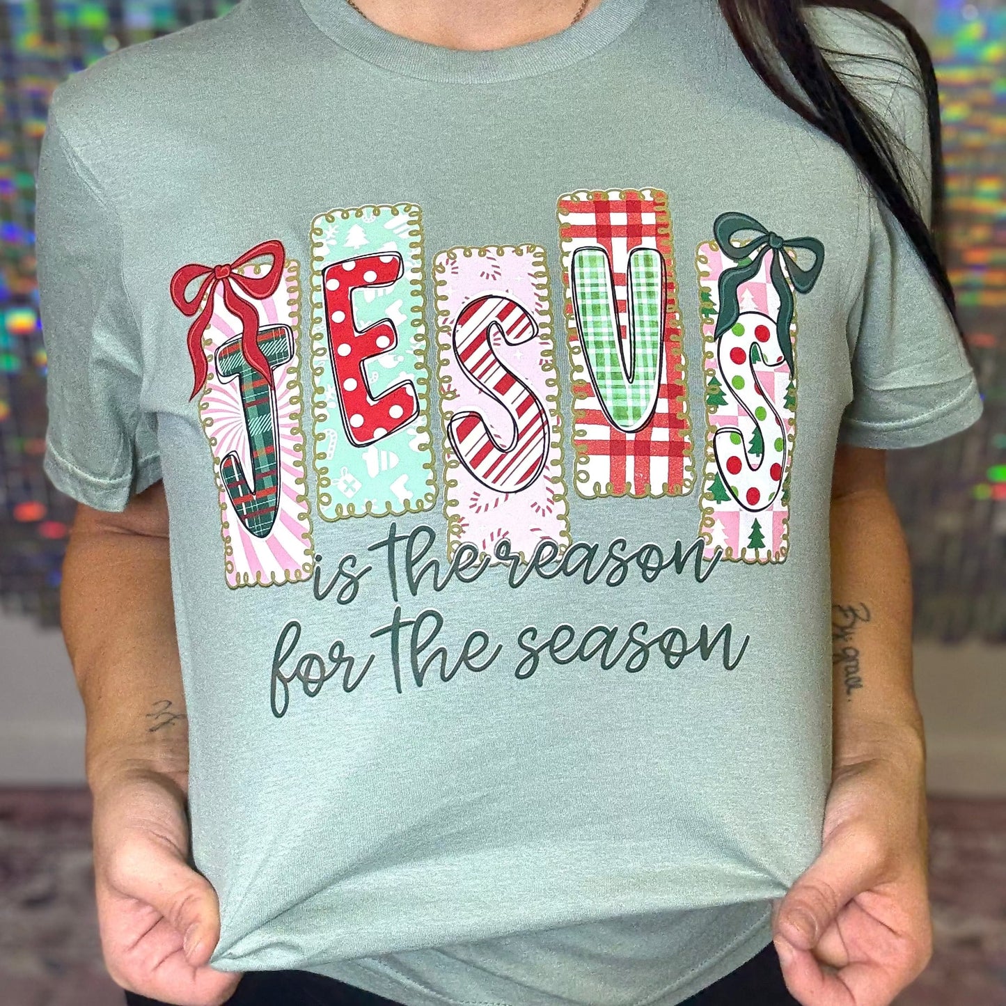 FestiviTees Women - Apparel - Shirts - T-Shirts Jesus Is The Reason Bow Patterns Graphic Tee