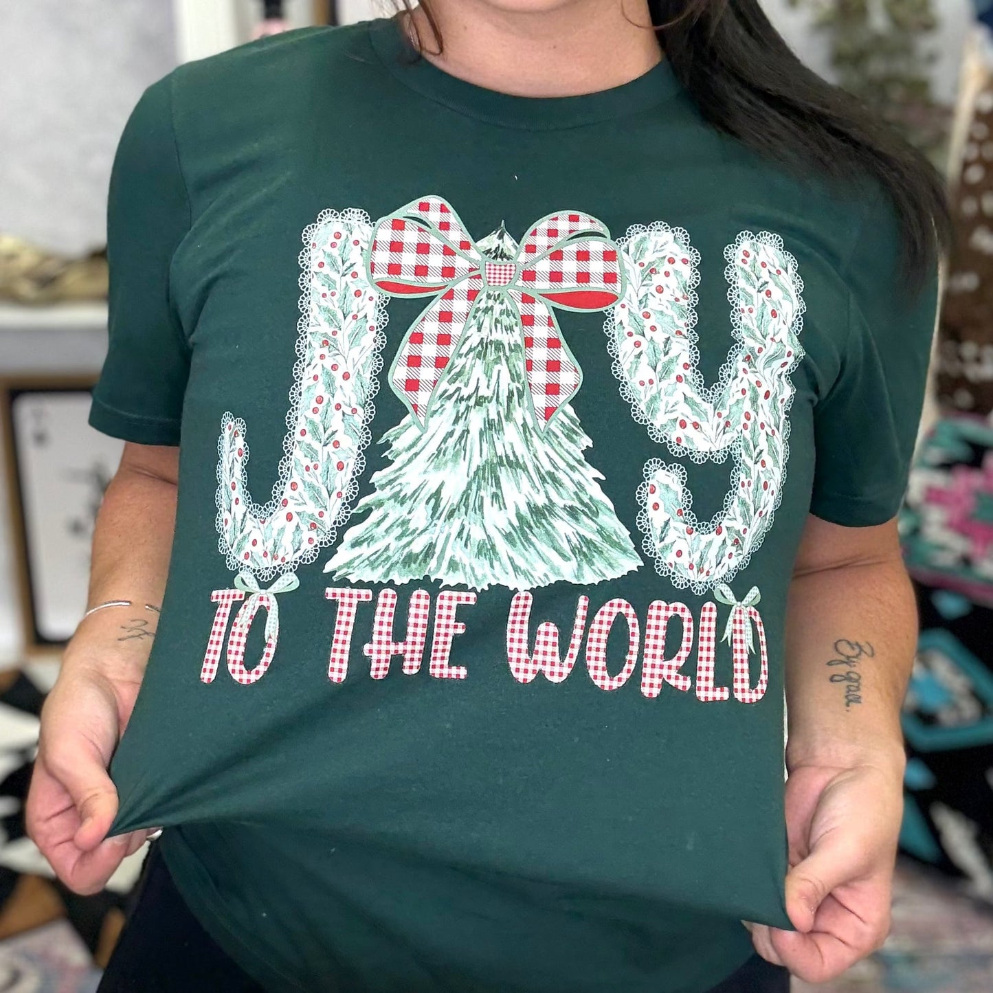 FestiviTees Women - Apparel - Shirts - T-Shirts Joy To The World Plaid Graphic Tee
