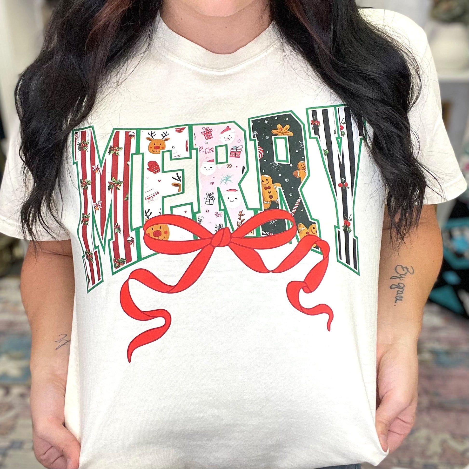 FestiviTees Women - Apparel - Shirts - T-Shirts Merry Bow Graphic Tee