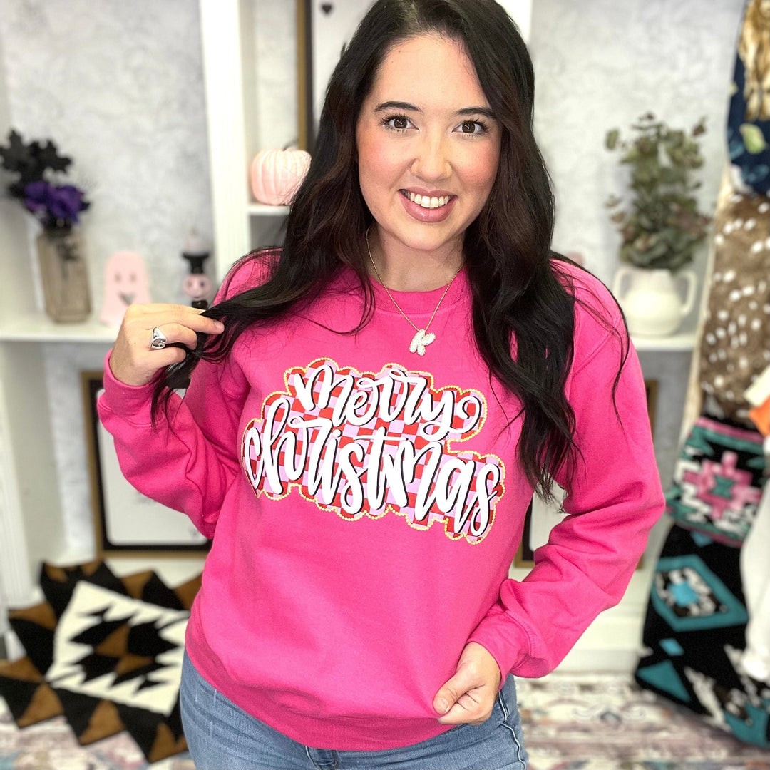 FestiviTees Women - Apparel - Shirts - T-Shirts Merry Christmas Checkered Graphic Crewneck