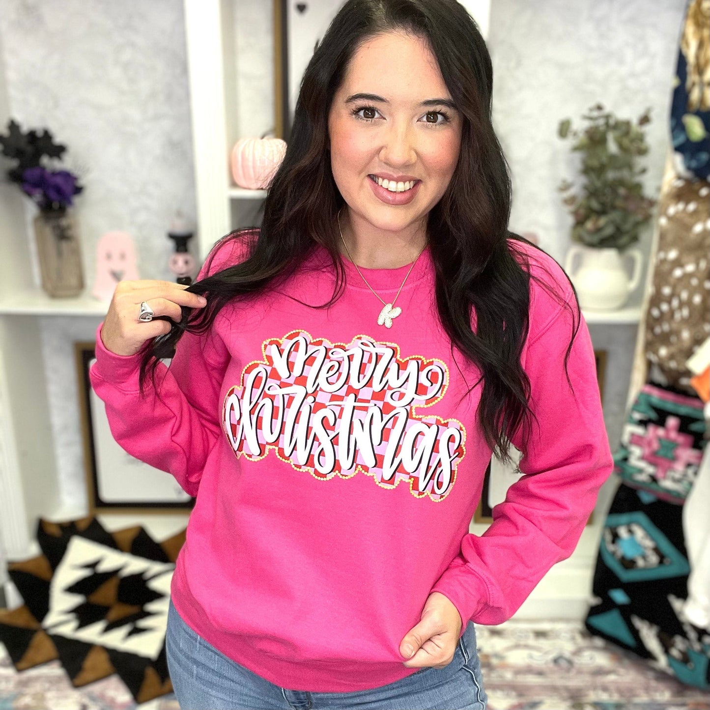 FestiviTees Women - Apparel - Shirts - T-Shirts Merry Christmas Checkered Graphic Crewneck