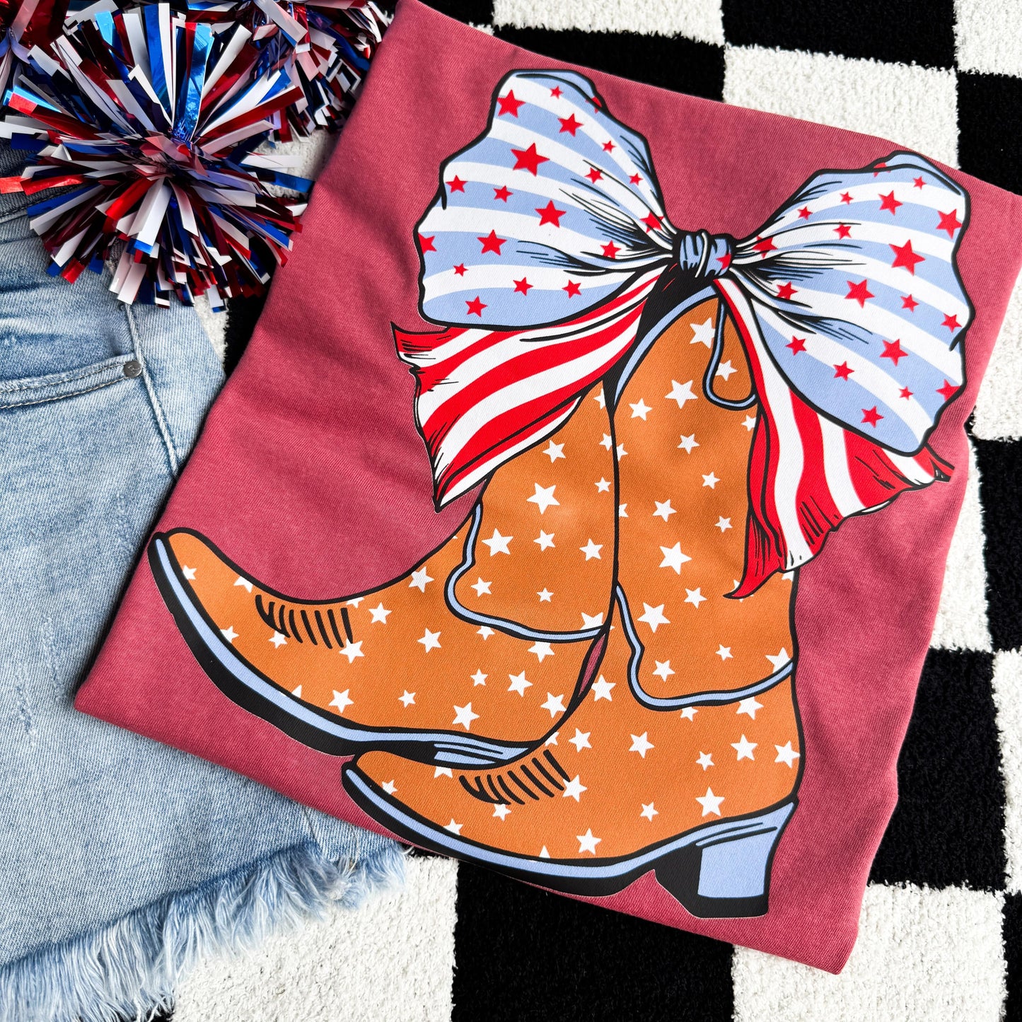 FestiviTees Women - Apparel - Shirts - T-Shirts Patriotic Boots with Bow Graphic Tee