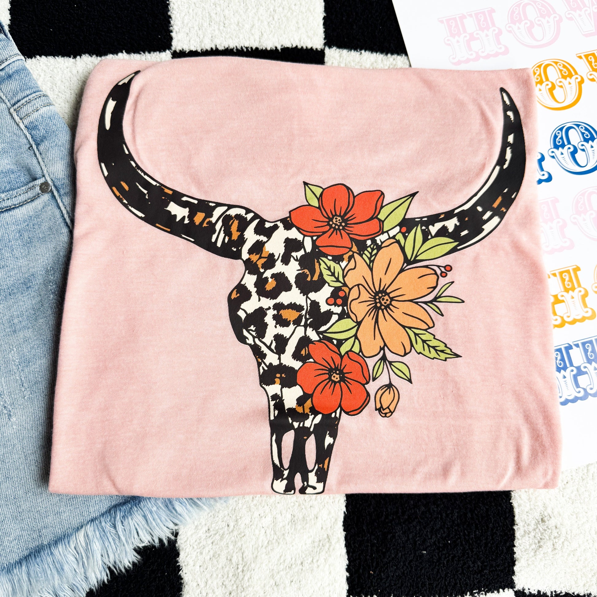 FestiviTees Women - Apparel - Shirts - T-Shirts Peach Leopard Bullskull Graphic Tee