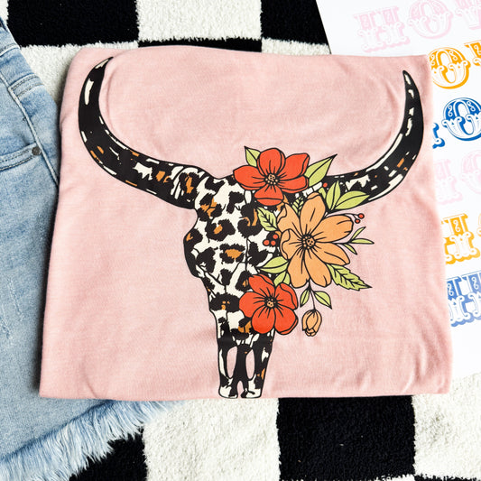 FestiviTees Women - Apparel - Shirts - T-Shirts Peach Leopard Bullskull Graphic Tee