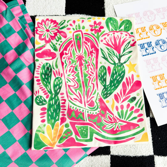 FestiviTees Women - Apparel - Shirts - T-Shirts Pink Cactus Boot Graphic Tee