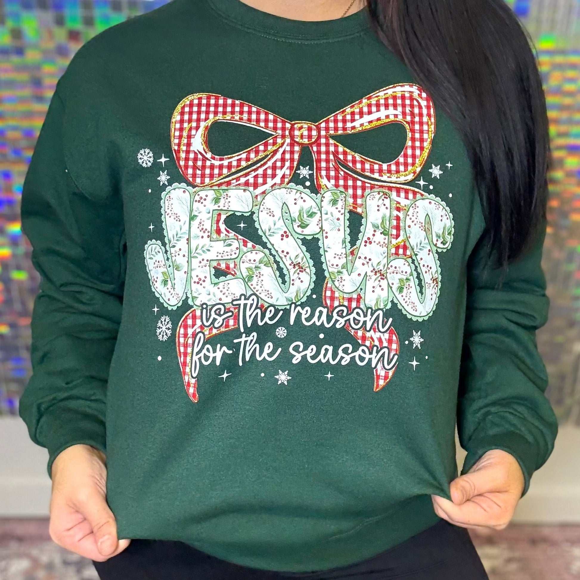 FestiviTees Women - Apparel - Shirts - T-Shirts Plaid Bow Jesus Is The Reason Graphic Crewneck