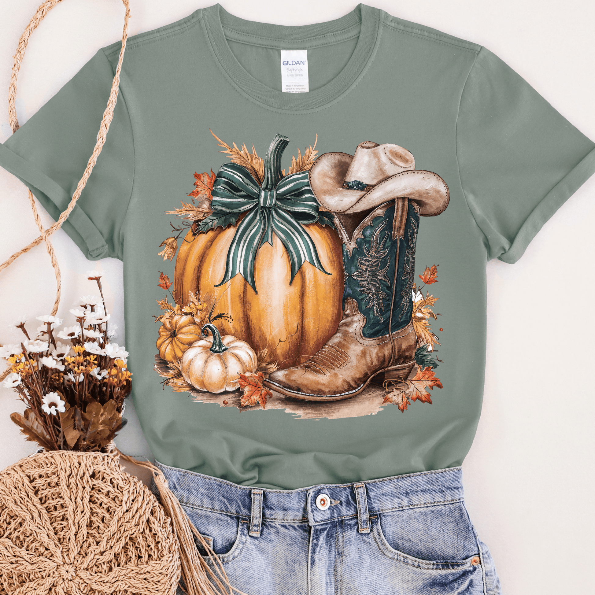 FestiviTees Women - Apparel - Shirts - T-Shirts Pumpkin with Cowboy Boot Graphic Tee