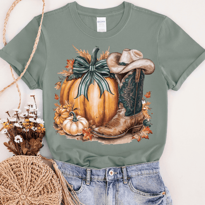 FestiviTees Women - Apparel - Shirts - T-Shirts Pumpkin with Cowboy Boot Graphic Tee