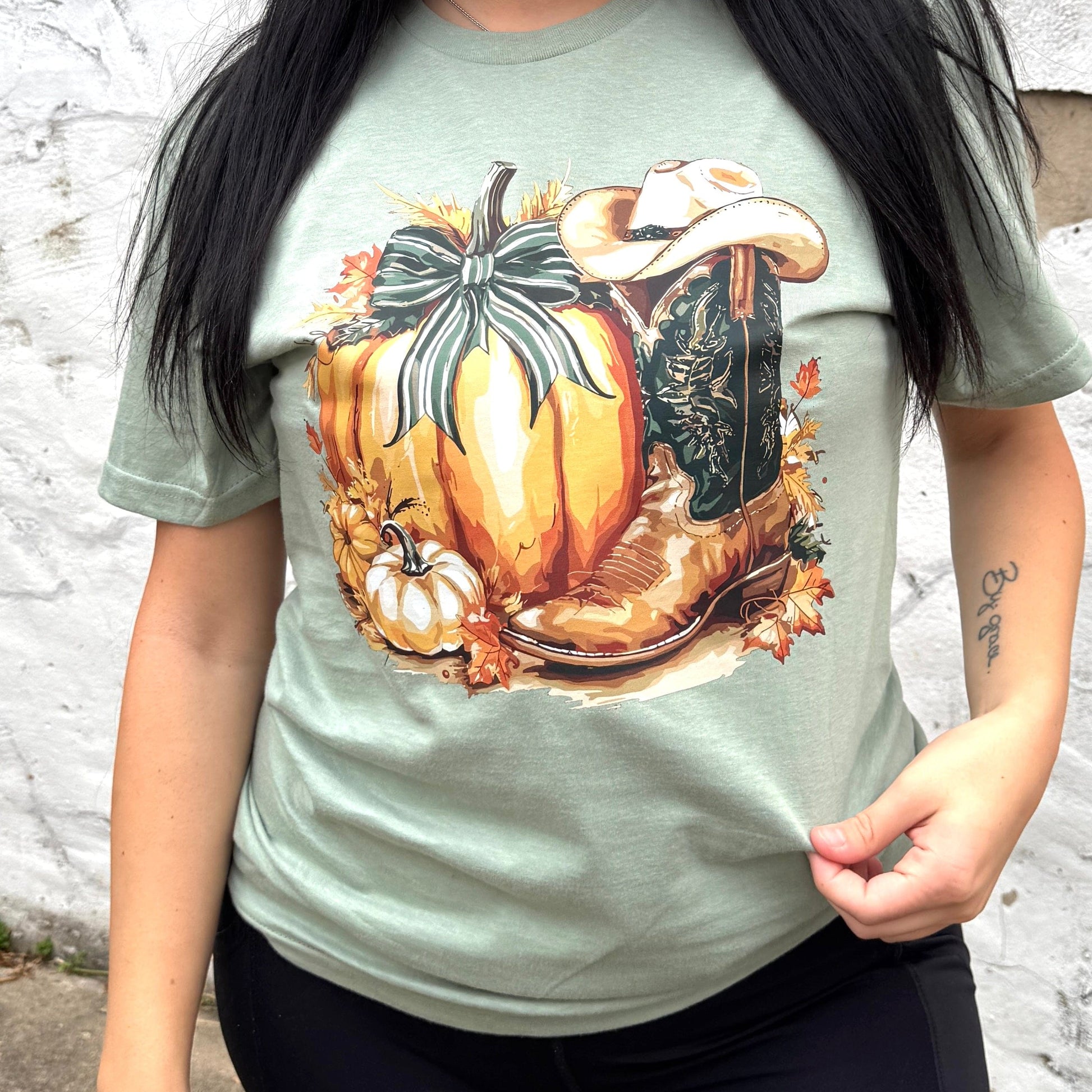 FestiviTees Women - Apparel - Shirts - T-Shirts Pumpkin with Cowboy Boot Graphic Tee