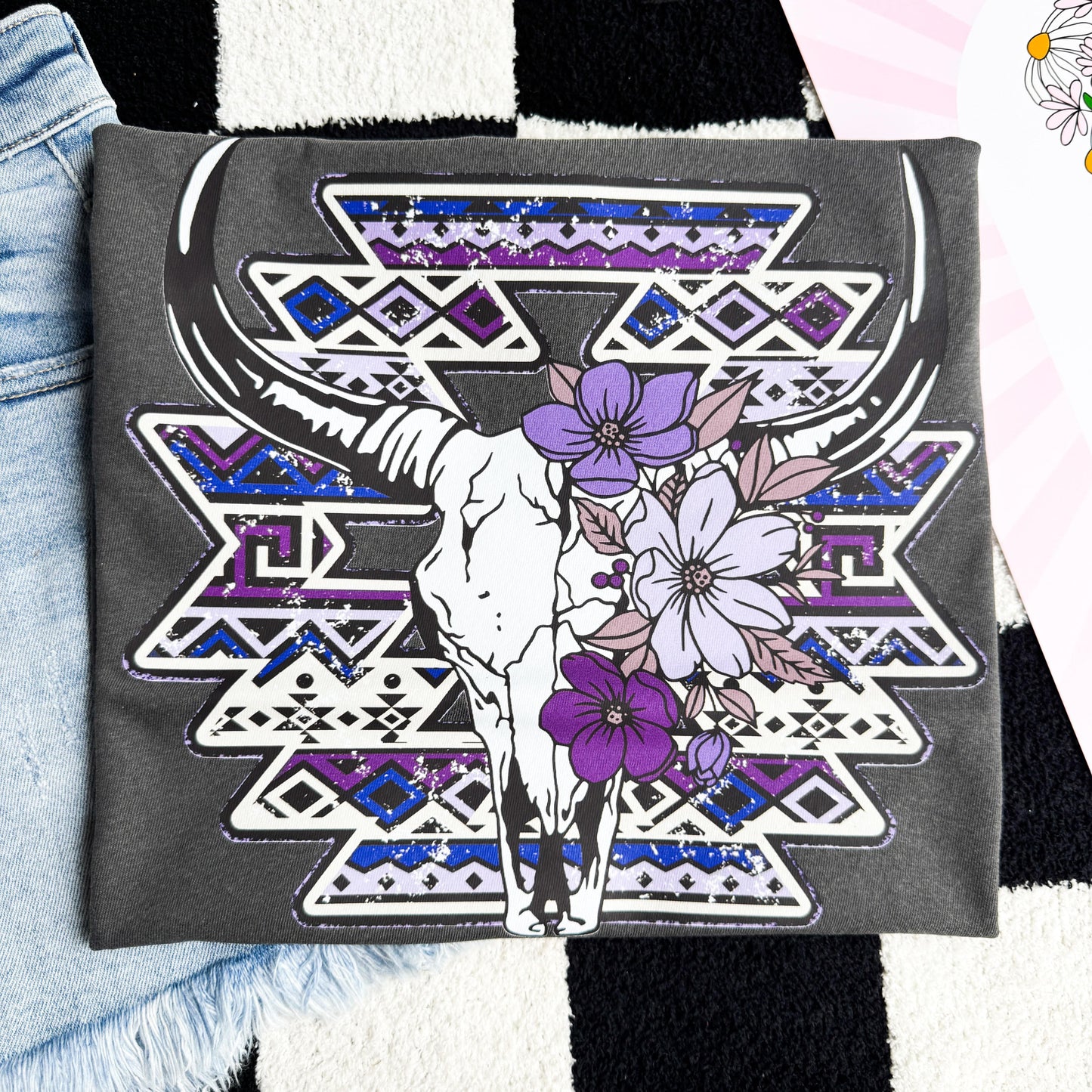 FestiviTees Women - Apparel - Shirts - T-Shirts Purple Aztec Cowskull Graphic Tee